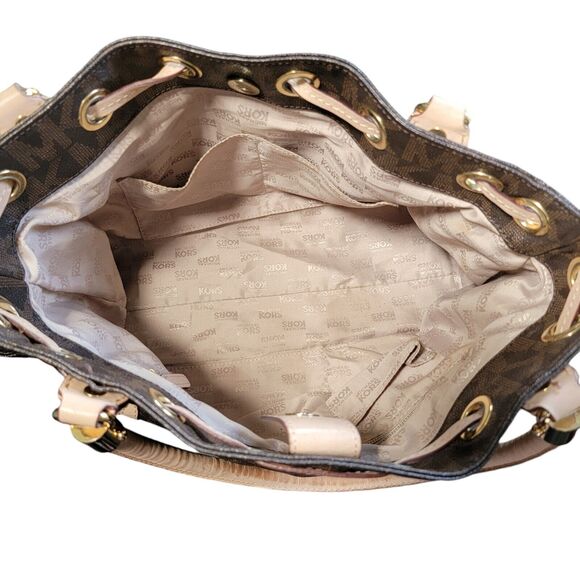 Michael Kors Brown Monogram Drawstring Satchel Handbag Purse Double Top Handle - Picture 4 of 16